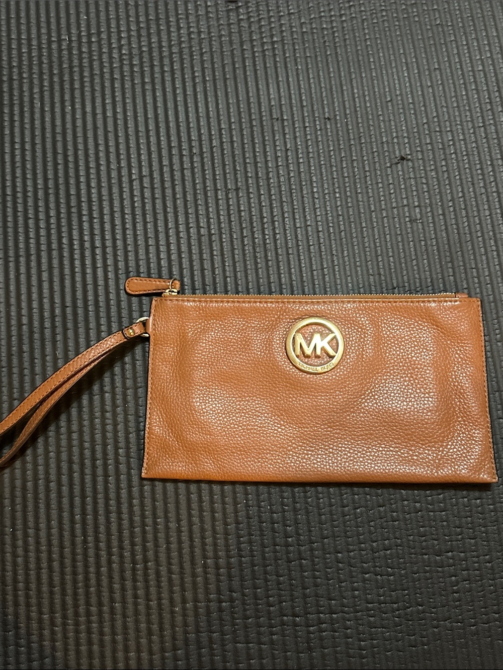 Michael Kors Cognac Leather Wristlet with Gold MK Logo